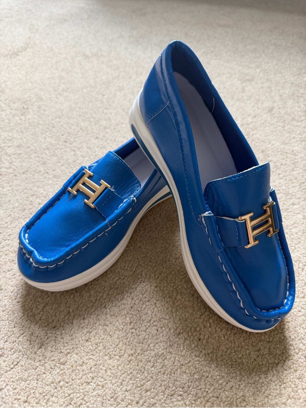 NEW Blue Loafers EU 37 Girls Womens Lightweight Slip On Gold Buckle Shoes